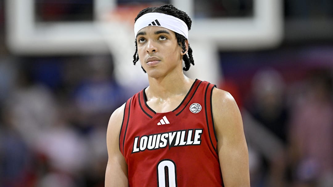 Feb 17, 2026; Dallas, Texas, USA; Louisville Cardinals guard Mikel Brown Jr. (0) looks on during the second half against the SMU Mustangs at Moody Coliseum. Feb 17, 2026; Dallas, Texas, USA; Louisville Cardinals guard Mikel Brown Jr. (0) looks on during the second half against the SMU Mustangs at Moody Coliseum.