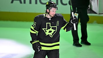 Apr 3, 2025; Dallas, Texas, USA; Dallas Stars center Matt Duchene (95) is named the number three star in Stars win over the Nashville Predators at the American Airlines Center. Mandatory Credit: Jerome Miron-Imagn Images