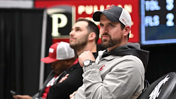 Jan 25, 2025; Pullman, Washington, USA; Washington State Cougars head football coach Jimmy Rogers looks on during a Washington State mens basketball game against the St. Mary's Gaels in the second half at Friel Court at Beasley Coliseum. St. Mary's won 80-75. Mandatory Credit: James Snook-Imagn Images