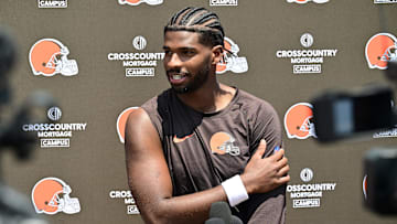 Jun 10, 2025; Berea, OH, USA; Cleveland Browns quarterback Shedeur Sanders (12) talks to the media during minicamp at CrossCountry Mortgage Campus. Mandatory Credit: Ken Blaze-Imagn Images