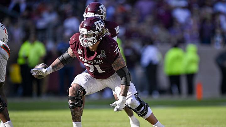 Dec 20, 2025; College Station, TX, USA; Texas A&M Aggies offensive lineman Chase Bisontis (71) blocks the rush during the game between the Aggies and the Hurricanes at Kyle Field. Mandatory Credit: Jerome Miron-Imagn Images