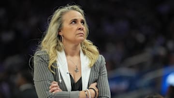 Jun 7, 2025; San Francisco, California, USA; Las Vegas Aces head coach Becky Hammon during the second quarter against the Golden State Valkyries at Chase Center. Mandatory Credit: Darren Yamashita-Imagn Images