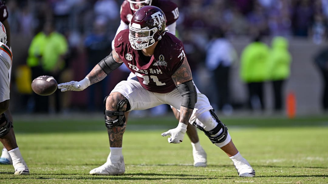 Dec 20, 2025; College Station, TX, USA; Texas A&M Aggies offensive lineman Chase Bisontis (71) blocks the rush during the game between the Aggies and the Hurricanes at Kyle Field. Mandatory Credit: Jerome Miron-Imagn Images