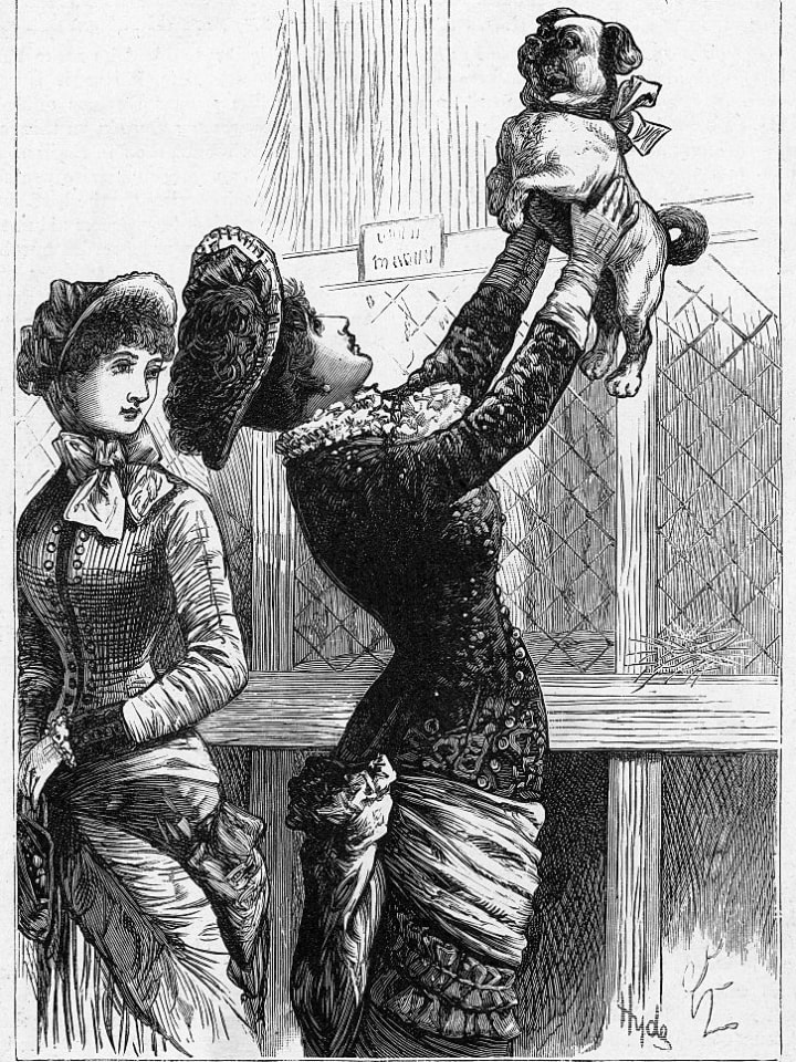 Victorian women admiring a pug.