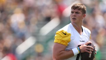Jul 24, 2025; Latrobe, PA, USA;  Pittsburgh Steelers quarterback Will Howard (18) participates in drills during training camp at Saint Vincent College. Mandatory Credit: Charles LeClaire-Imagn Images