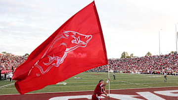 Sep 6, 2025; Little Rock, Arkansas, USA; Arkansas Razorbacks cheerleader waves a Razorbacks flag after a score in the fourth quarter against the Arkansas State Red Wolves at War Memorial Stadium. Arkansas won 56-14. Mandatory Credit: Nelson Chenault-Imagn Images