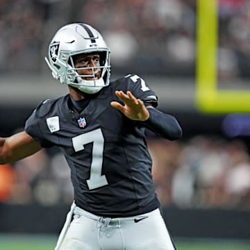 Nov 2, 2025; Paradise, Nevada, USA; Las Vegas Raiders quarterback Geno Smith (7) drops back to make a pass during the second half against the Jacksonville Jaguars at Allegiant Stadium. Mandatory Credit: Kirby Lee-Imagn Images