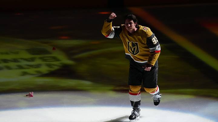 May 24, 2026; Las Vegas, Nevada, USA; Vegas Golden Knights right wing Mitch Marner (93) celebrates being the third star after the game against the Colorado Avalanche in game three of the Western Conference Final of the 2026 Stanley Cup Playoffs at T-Mobile Arena. Mandatory Credit: Stephen R. Sylvanie-Imagn Images