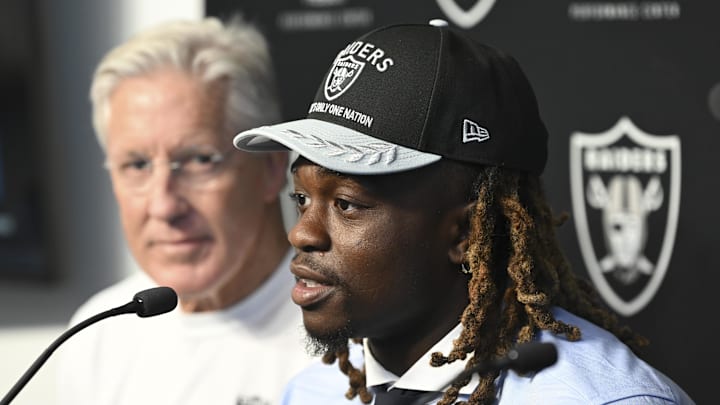 Apr 25, 2025; Henderson, NV, USA; Las Vegas Raiders first round draft pick in the 2025 NFL Draft Ashton Jeanty, speaks to the media at Intermountain Health Performance Center. Mandatory Credit: Candice Ward-Imagn Images