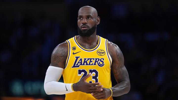 Los Angeles Lakers forward LeBron James (23) reacts against the Houston Rockets during game one of the first round of the 2026 NBA Playoffs at Crypto.com Arena on April 18, 2026.