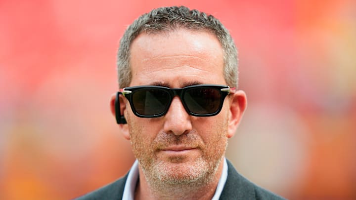Sep 14, 2025; Kansas City, Missouri, USA; Philadelphia Eagles general manager Howie Roseman looks on prior to the game between the Kansas City Chiefs and the Philadelphia Eagles at GEHA Field at Arrowhead Stadium. Mandatory Credit: Jay Biggerstaff-Imagn Images