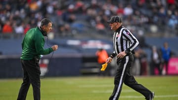 Dec 28, 2023; Bronx, NY, USA; Miami Hurricanes head coach Mario Cristobal reacts to a call during the second quarter against the Rutgers Scarlet Knights at Yankee Stadium. Mandatory Credit: Mark Smith-USA TODAY Sports