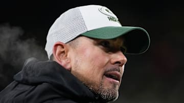 Nov 28, 2024; Green Bay, Wisconsin, USA;  Green Bay Packers head coach Matt LaFleur looks on from the sidelines during the fourth quarter against the Miami Dolphins at Lambeau Field. Mandatory Credit: Jeff Hanisch-Imagn Images