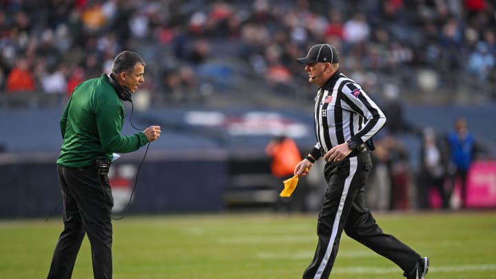 Dec 28, 2023; Bronx, NY, USA; Miami Hurricanes head coach Mario Cristobal reacts to a call during the second quarter against the Rutgers Scarlet Knights at Yankee Stadium. Mandatory Credit: Mark Smith-USA TODAY Sports