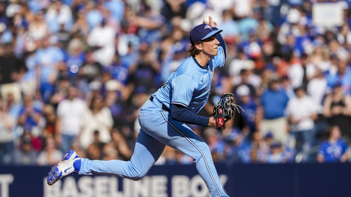 Sep 14, 2025; Toronto, Ontario, CAN; Toronto Blue Jays pitcher Ryan Borucki (35) delivers a pitch against the Baltimore Orioles during the ninth inning at Rogers Centre. Mandatory Credit: Kevin Sousa-Imagn Images