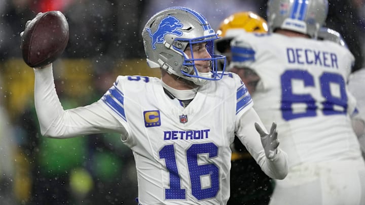 Detroit Lions quarterback Jared Goff (16) drops back to pass during the third quarter of their game Sunday, November 3, 2024 at Lambeau Field in Green Bay, Wisconsin. The Detroit Lions beat the Green Bay Packers 24-14. Detroit Lions quarterback Jared Goff (16) drops back to pass during the third quarter of their game Sunday, November 3, 2024 at Lambeau Field in Green Bay, Wisconsin. The Detroit Lions beat the Green Bay Packers 24-14.