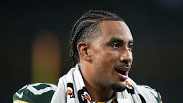 Aug 9, 2025; Green Bay, Wisconsin, USA;  Green Bay Packers quarterback Jordan Love (10) walks off the field following a 30-10 loss against the New York Jets at Lambeau Field. Mandatory Credit: Kayla Wolf-Imagn Images