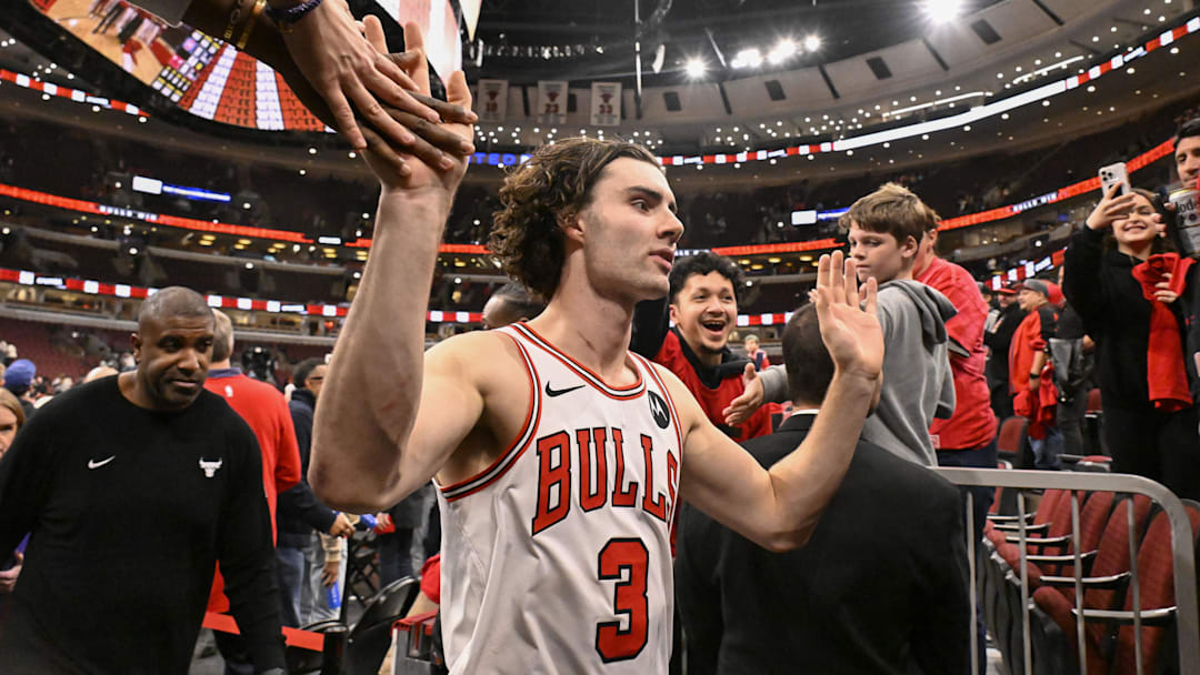 Oct 22, 2025; Chicago, Illinois, USA;  Chicago Bulls guard Josh Giddey (3) greets fans after the game against the Detroit Pistons at United Center. Mandatory Credit: Matt Marton-Imagn Images
