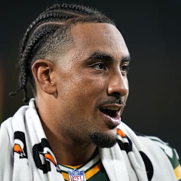 Green Bay Packers quarterback Jordan Love walks off the field following the loss to the Jets on Saturday.