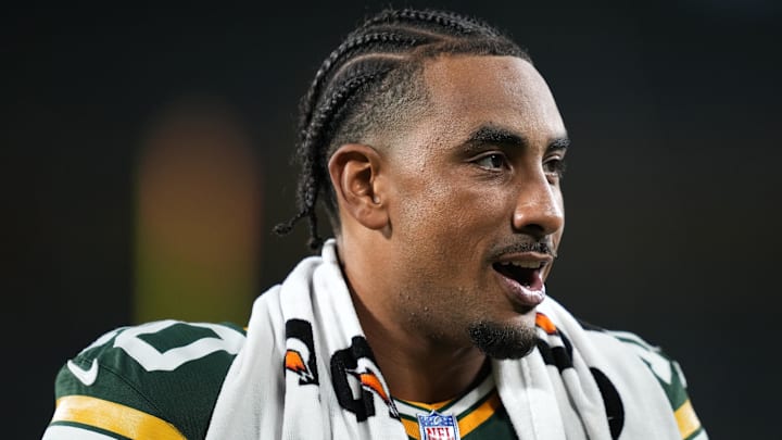 Green Bay Packers quarterback Jordan Love walks off the field following the loss to the Jets on Saturday.