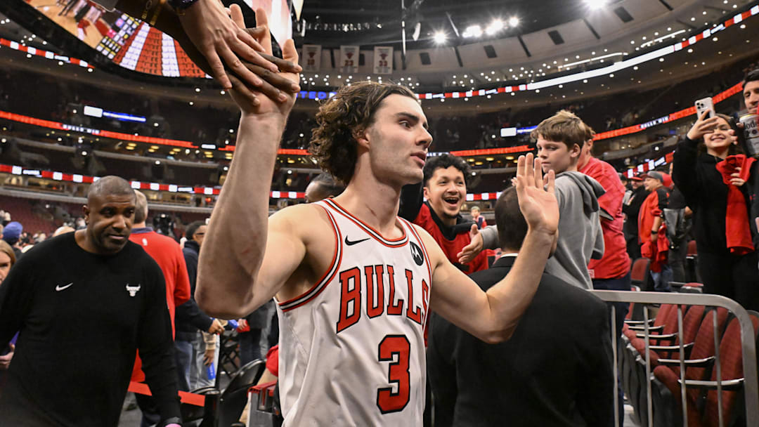 Oct 22, 2025; Chicago, Illinois, USA; Chicago Bulls guard Josh Giddey (3) greets fans after the game against the Detroit Pistons at United Center.