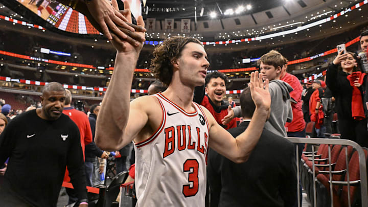 Oct 22, 2025; Chicago, Illinois, USA;  Chicago Bulls guard Josh Giddey (3) greets fans after the game against the Detroit Pistons at United Center. Mandatory Credit: Matt Marton-Imagn Images