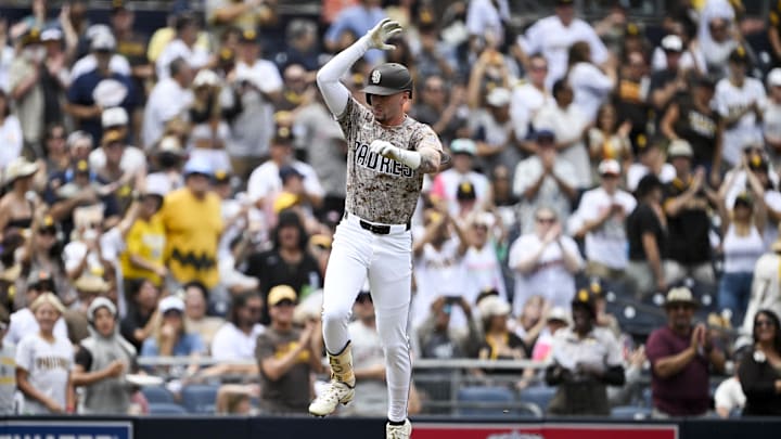 Sep 14, 2025; San Diego, California, USA; San Diego Padres center fielder Jackson Merrill (3) celebrates after hitting a three-run home run during the second inning against the Colorado Rockies at Petco Park. Mandatory Credit: Denis Poroy-Imagn Images