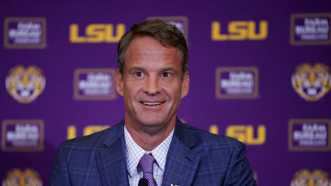 Dec 1, 2025; Baton Rouge, LA, USA; LSU new head coach Lane Kiffin speaks at South Stadium Club at Tiger Stadium. Mandatory Credit: Matthew Hinton-Imagn Images