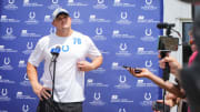 Indianapolis Colts Ryan Kelly (78) talks with press Wednesday, June 5, 2024, ahead of practice at the Colts Practice Facility in Indianapolis.