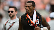 Deshaun Watson walks off the field after the Browns lost to the New York Giants. Mandatory Credit: Ken Blaze-Imagn Images