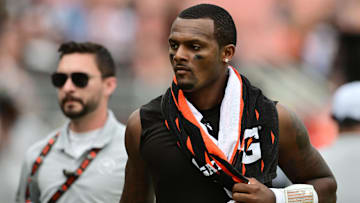 Deshaun Watson walks off the field after the Browns lost to the New York Giants. Mandatory Credit: Ken Blaze-Imagn Images