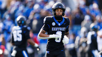 Nov 30, 2024; Lexington, Kentucky, USA; Kentucky Wildcats wide receiver Dane Key (6) runs onto the field during the game against the Louisville Cardinals at Kroger Field. Mandatory Credit: Jordan Prather-Imagn Images