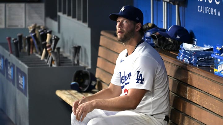 Aug 6, 2024; Los Angeles, California, USA;  Los Angeles Dodgers starting pitcher Clayton Kershaw (22) in the dugout against the Philadelphia Phillies at Dodger Stadium. Mandatory Credit: Jayne Kamin-Oncea-USA TODAY Sports