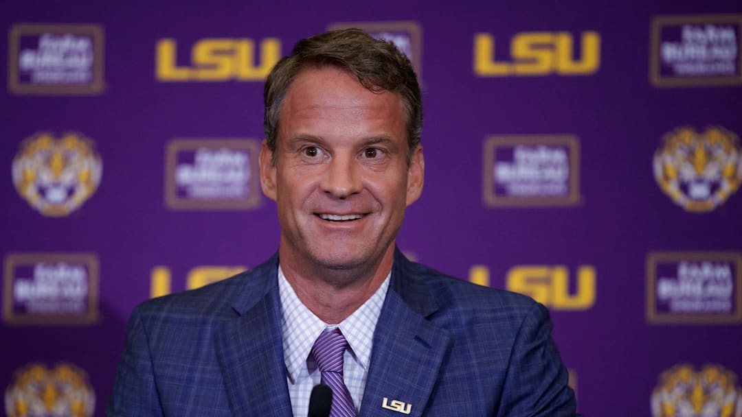 Dec 1, 2025; Baton Rouge, LA, USA; LSU new head coach Lane Kiffin speaks at South Stadium Club at Tiger Stadium. Mandatory Credit: Matthew Hinton-Imagn Images