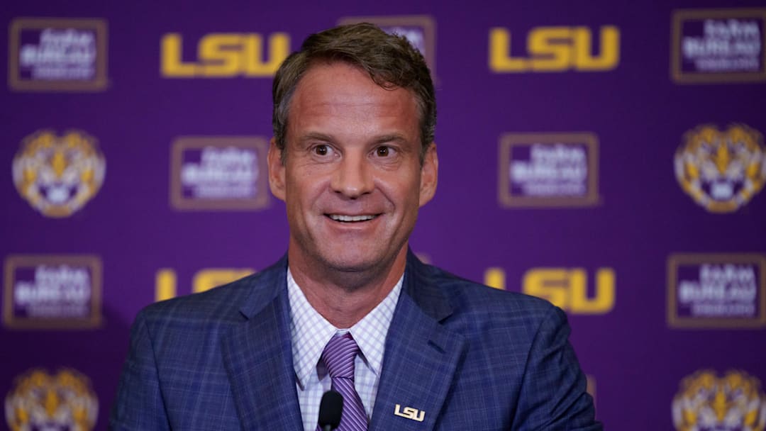 Dec 1, 2025; Baton Rouge, LA, USA; LSU new head coach Lane Kiffin speaks at South Stadium Club at Tiger Stadium. Mandatory Credit: Matthew Hinton-Imagn Images