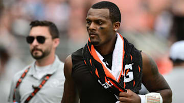 Cleveland Browns quarterback Deshaun Watson walks off the field at Huntington Bank Field.