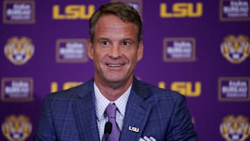 Dec 1, 2025; Baton Rouge, LA, USA; LSU new head coach Lane Kiffin speaks at South Stadium Club at Tiger Stadium. Mandatory Credit: Matthew Hinton-Imagn Images