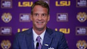 Dec 1, 2025; Baton Rouge, LA, USA; LSU new head coach Lane Kiffin speaks at South Stadium Club at Tiger Stadium. Mandatory Credit: Matthew Hinton-Imagn Images