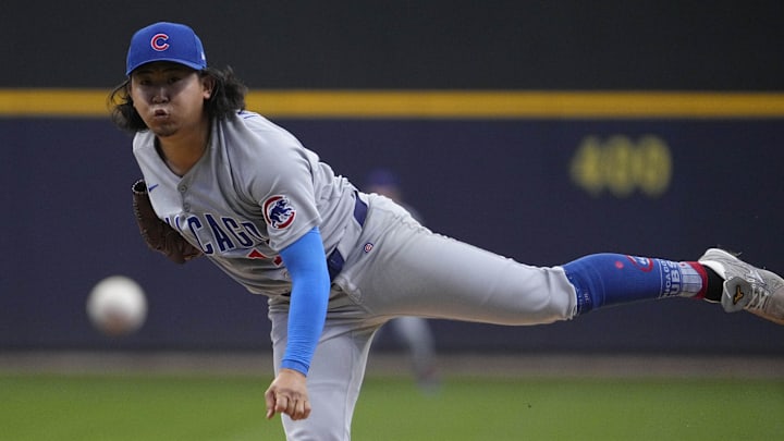 May 4, 2025; Milwaukee, Wisconsin, USA; Chicago Cubs pitcher Shota Imanaga (18) delivers a pitch against the Milwaukee Brewers in the first inning at American Family Field.