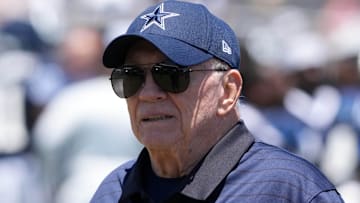 Jul 27, 2025; Oxnard, CA, USA; Dallas Cowboys owner Jerry Jones at training camp at the River Ridge Fields. Mandatory Credit: Kirby Lee-Imagn Images