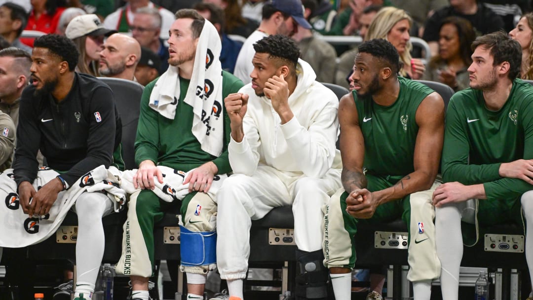 Apr 10, 2024; Milwaukee, Wisconsin, USA;  Milwaukee Bucks forward Giannis Antetokounmpo (34) sits on the bench with a calf injury in the second quarter against the Orlando Magic at Fiserv Forum. Mandatory Credit: Benny Sieu-USA TODAY Sports