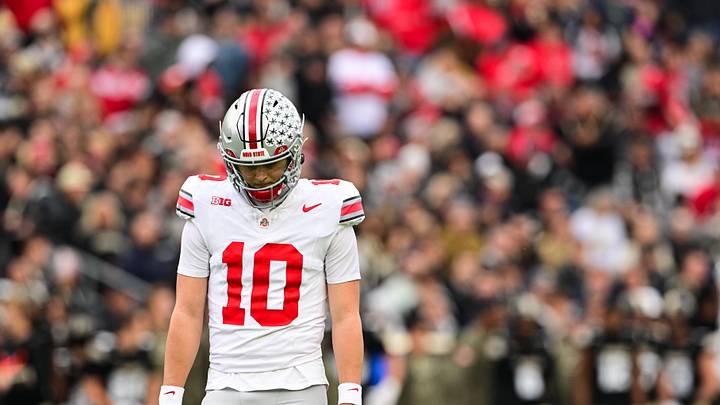 Nov 8, 2025; West Lafayette, Indiana, USA; Ohio State Buckeyes quarterback Julian Sayin (10) looks on during the first quarter against the Purdue Boilermakers at Ross-Ade Stadium. Mandatory Credit: Marc Lebryk-Imagn Images