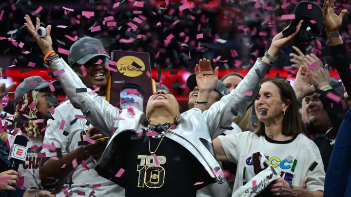Apr 7, 2024; Cleveland, OH, USA; South Carolina Gamecocks head coach Dawn Staley reacts during the trophy presentation after defeating the Iowa Hawkeyes in the finals of the Final Four of the womens 2024 NCAA Tournament  at Rocket Mortgage FieldHouse. Mandatory Credit: Ken Blaze-USA TODAY Sports