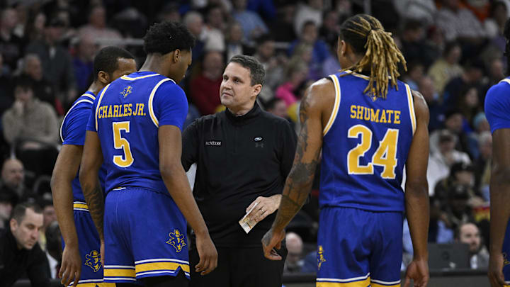 McNeese State Cowboys head coach Wade talks with his players during the first half against the Clemson Tigers at Amica Mutual Pavilion. McNeese State Cowboys head coach Wade talks with his players during the first half against the Clemson Tigers at Amica Mutual Pavilion.