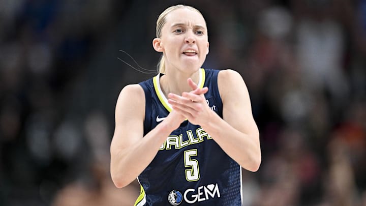 Jun 27, 2025; Dallas, Texas, USA; Dallas Wings guard Paige Bueckers (5) in action during the game between the Dallas Wings and the Indiana Fever at the American Airlines Center. Mandatory Credit: Jerome Miron-Imagn Images