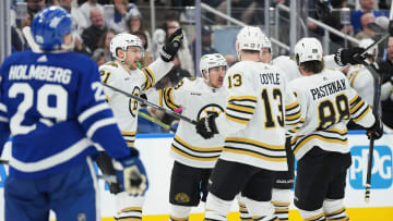 Apr 27, 2024; Toronto, Ontario, CAN; Boston Bruins left wing Brad Marchand (63) scores a goal and