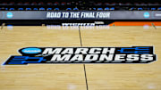 The March Madness logo at midcourt at the Intrust Bank Arena in Wichita, Kansas.