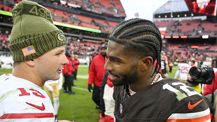 San Francisco 49ers quarterback Brock Purdy (L) and Cleveland Browns quarterback Shedeur Sanders (R)