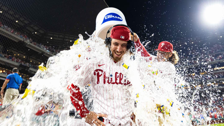 Philadelphia Phillies starting pitcher Michael Lorenzen celebrates  after throwing a no-hitter. 