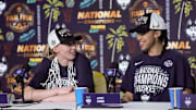 UConn stars Paige Bueckers and Azzi Fudd speak to the media after winning the national championship